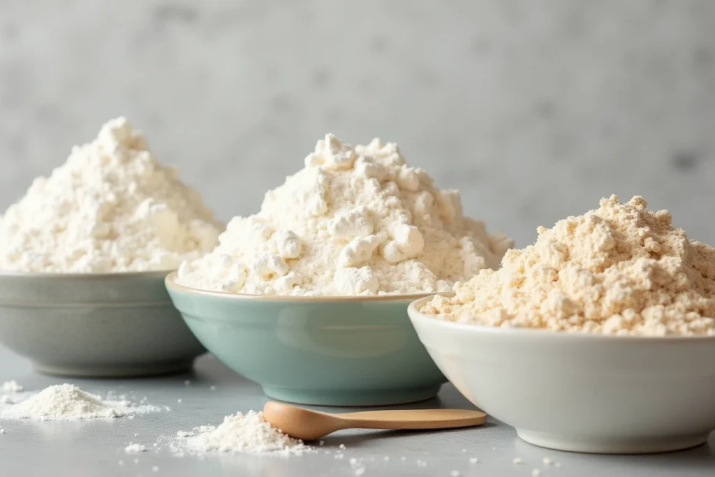 Various types of flour in bowls with a measuring spoon.