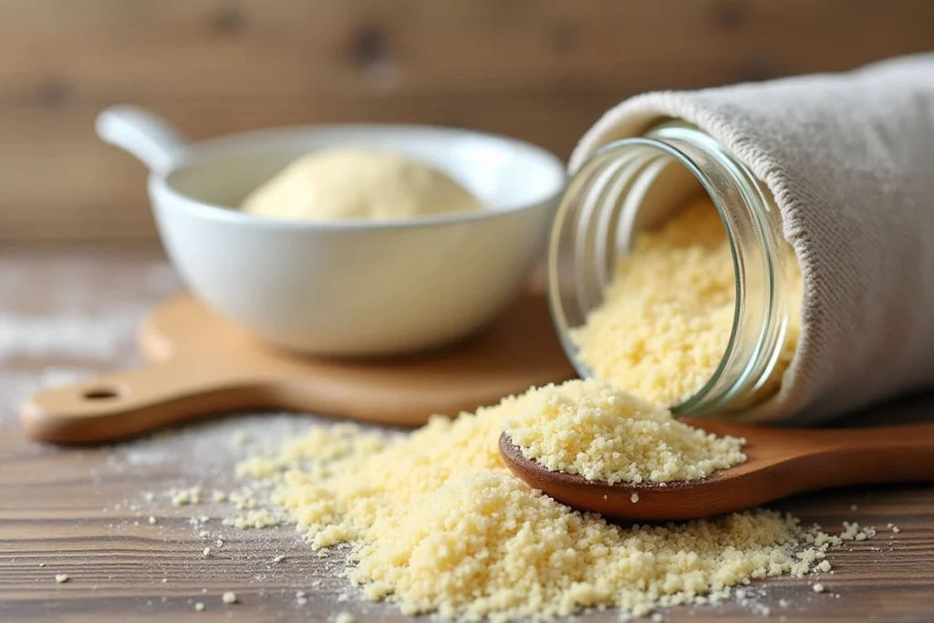 A jar of yeast and a rising bowl of dough.