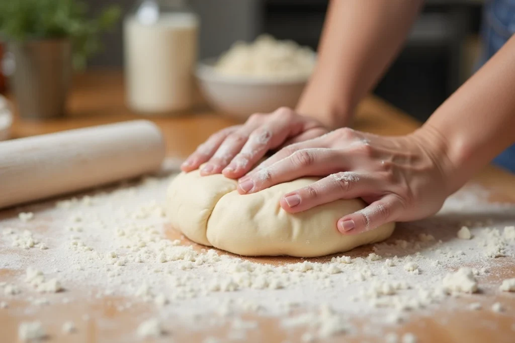 Hands kneading dough on a floured surface.