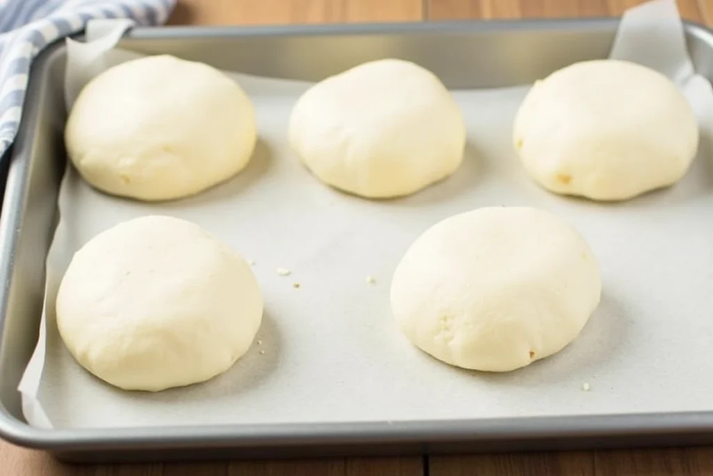 White buns proofing on a baking tray under a damp cloth.