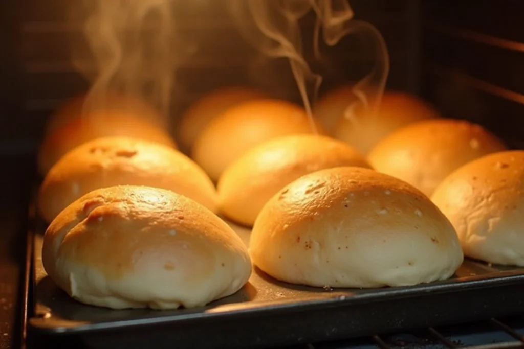 Freshly baked white buns being removed from the oven.