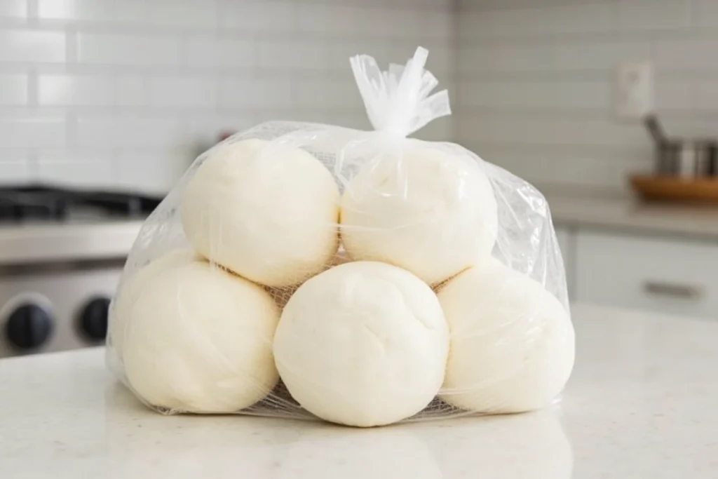 White buns stored in a plastic bag on a kitchen counter.