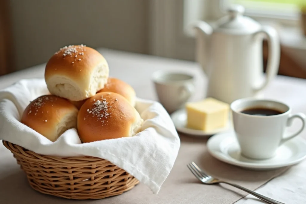 A dining table with white buns, butter, jam, and coffee.