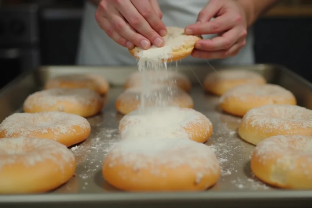 Baker dusting flour on hamburger buns before baking.