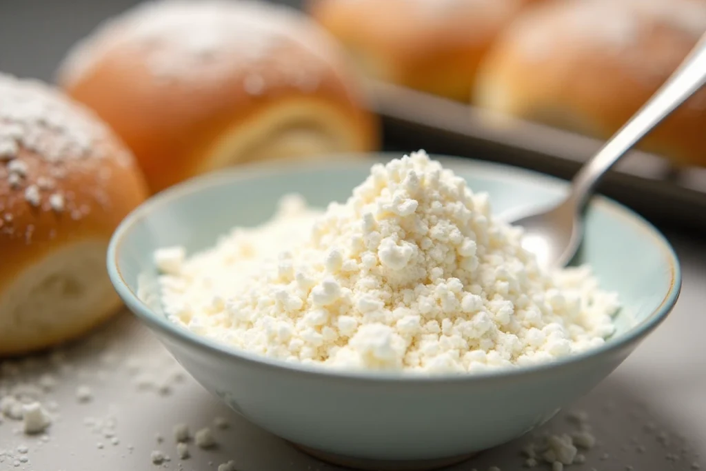 Potato starch next to hamburger buns with white powder coating.