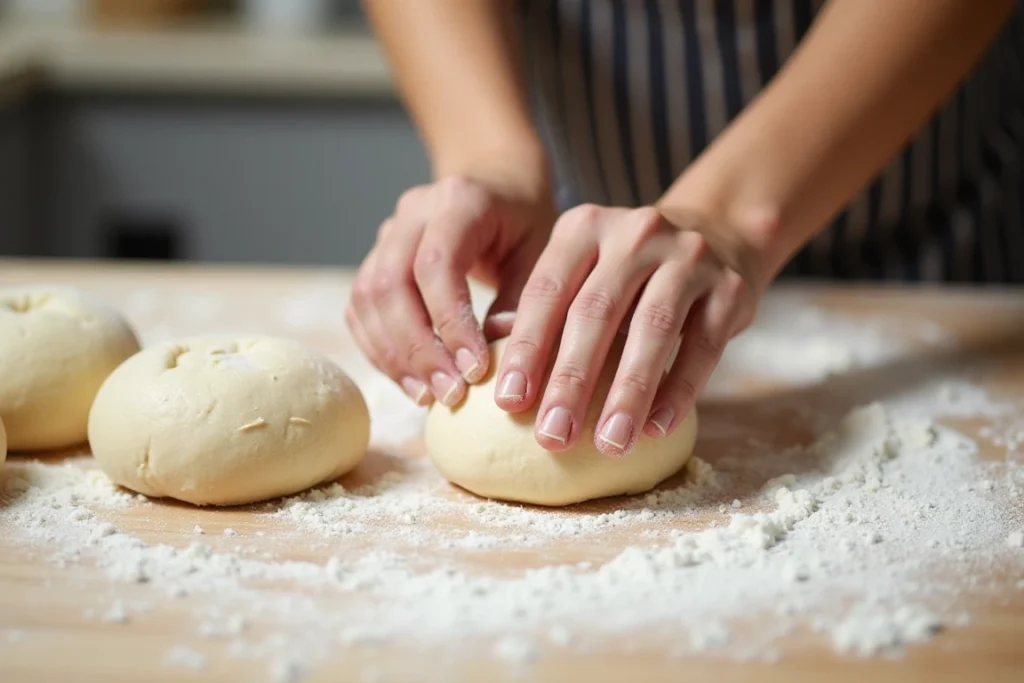 Homemade hamburger buns being shaped on a clean countertop.