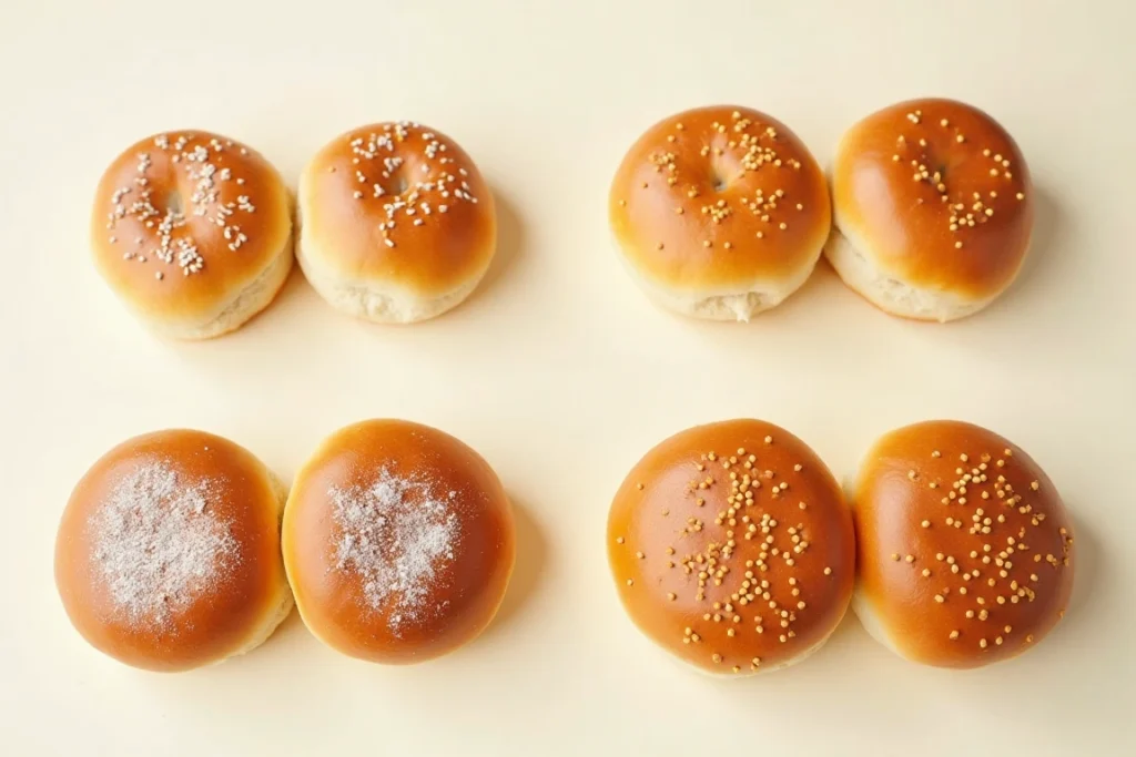 Different hamburger buns showing the presence of white powder.