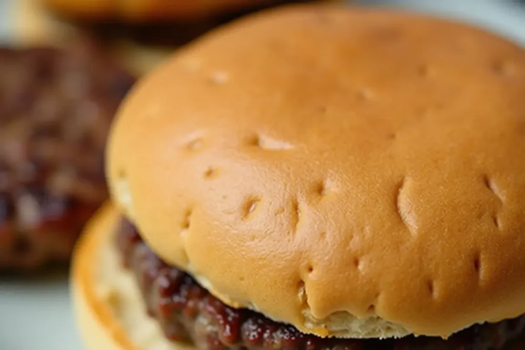 Regular hamburger bun showing firm texture with burger patty.