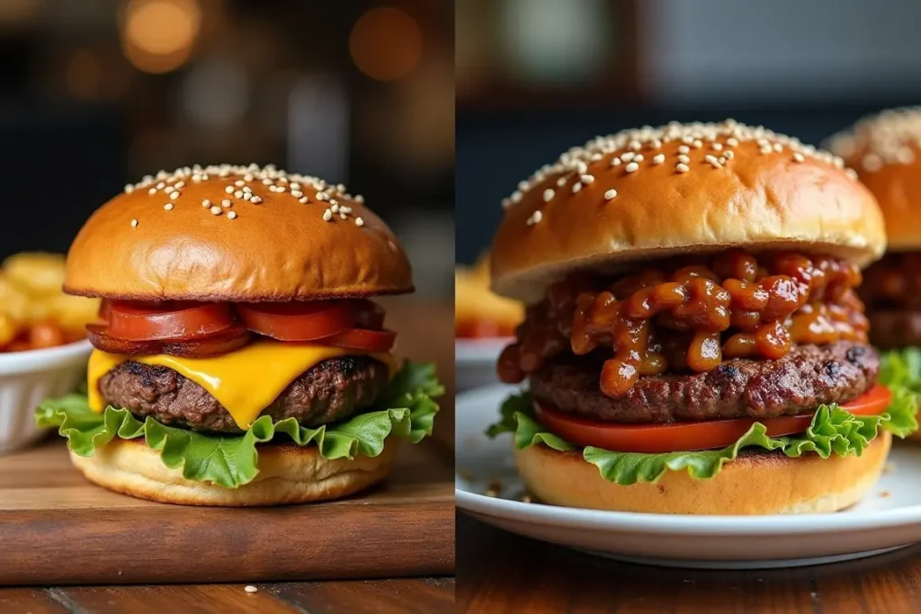 Gourmet burger with brioche buns vs classic burger with regular buns.