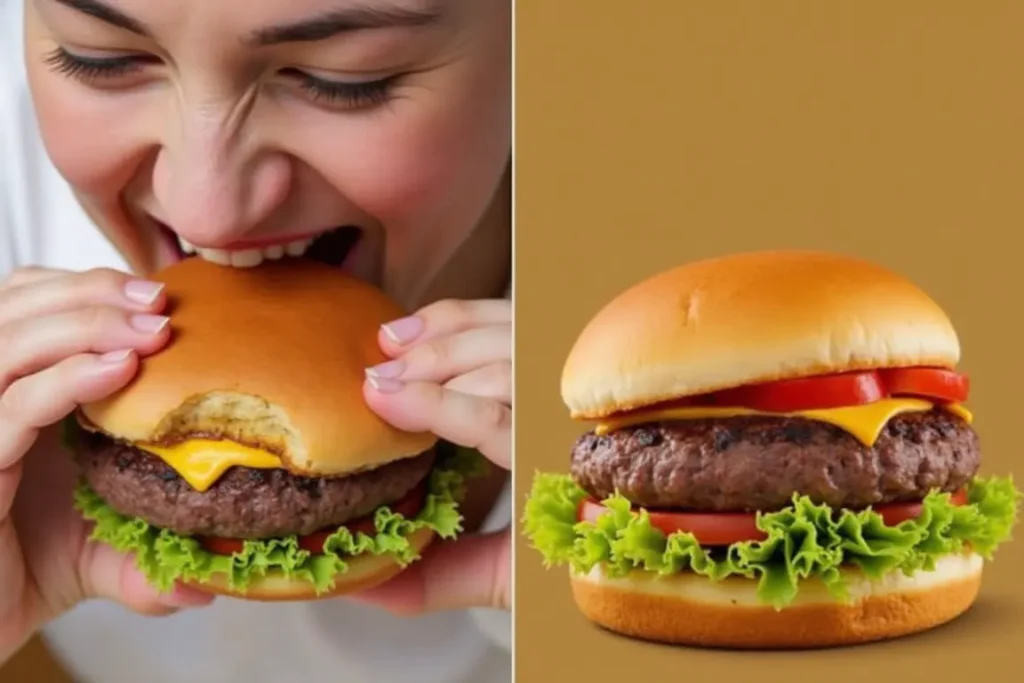 Person enjoying a burger with a brioche bun and a regular hamburger bun.