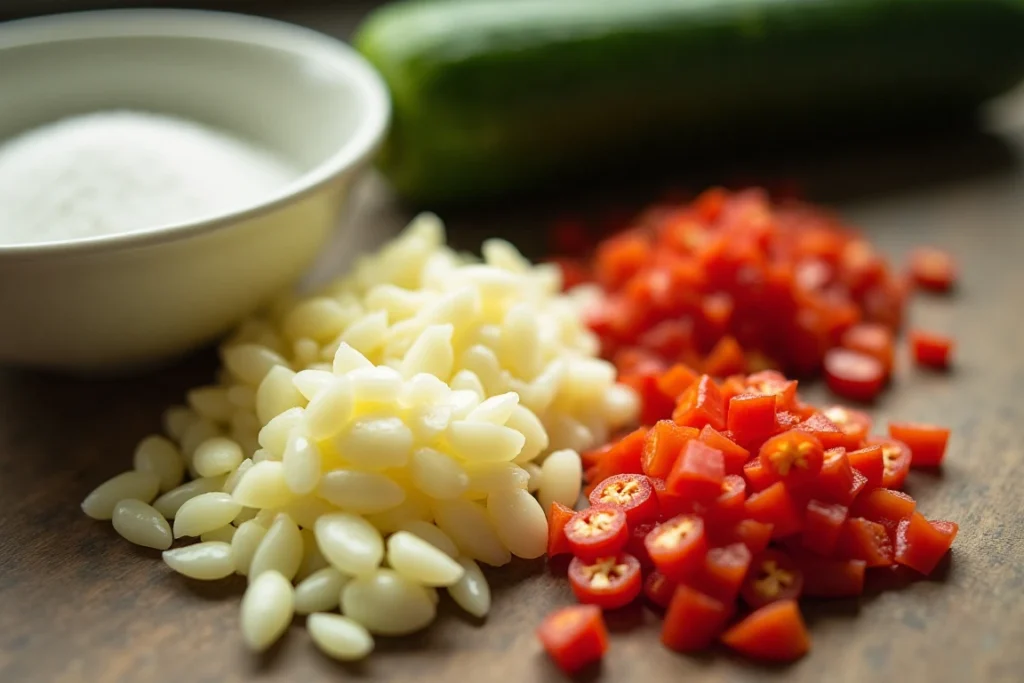 Fresh garlic, chili, and sugar ready for the cucumber recipe.