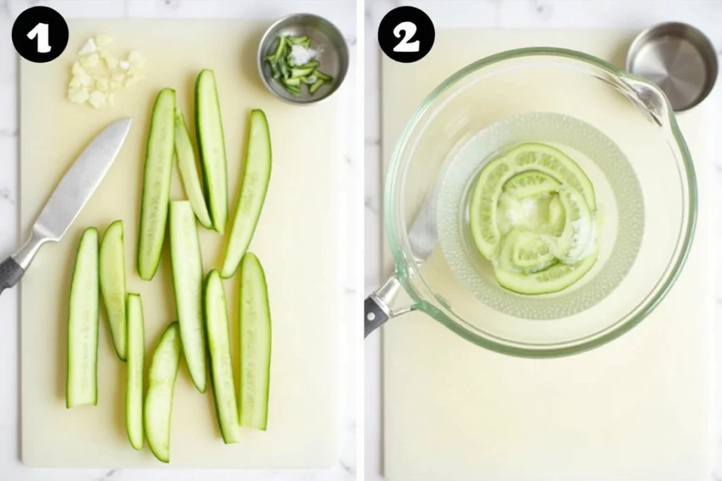 Slicing and salting cucumbers for the Din Tai Fung recipe.