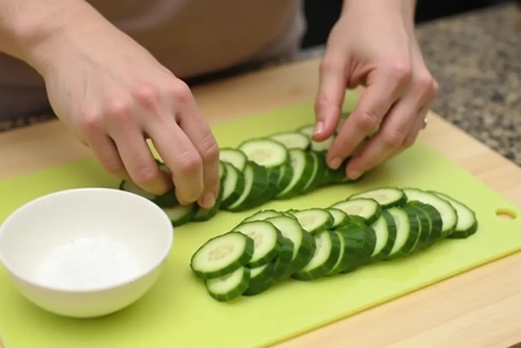 Slicing cucumbers and salting them to draw out excess water.