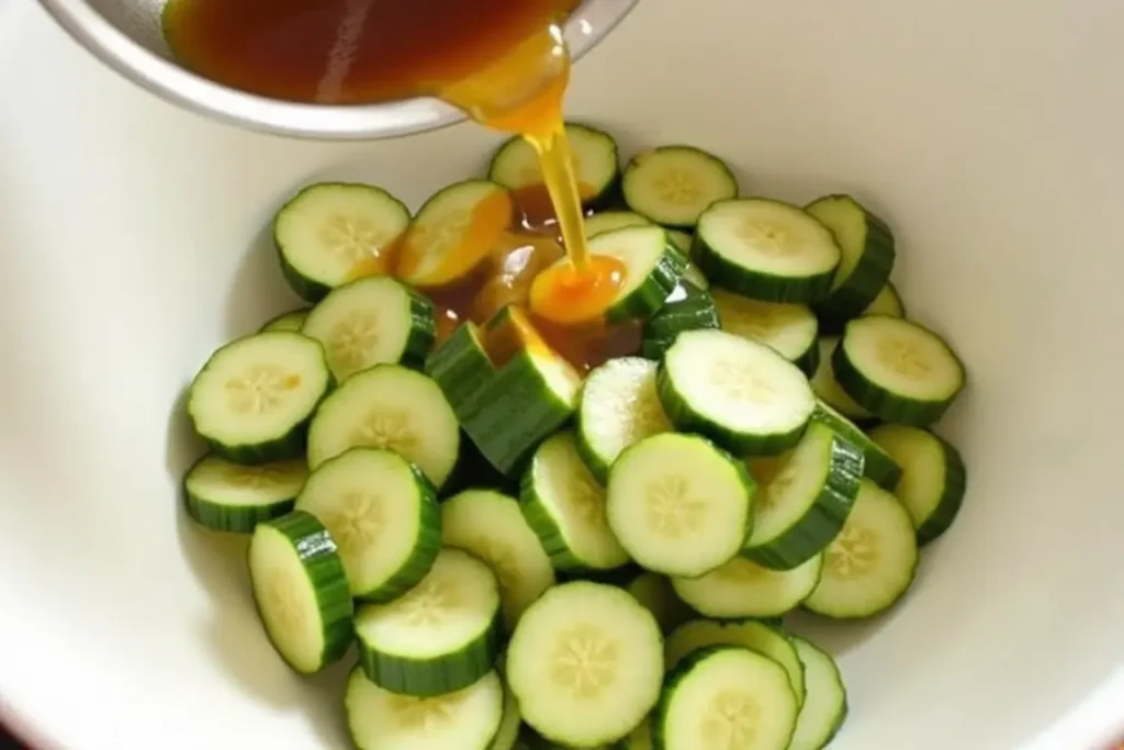 Tossing cucumbers with a flavorful dressing in a large bowl.