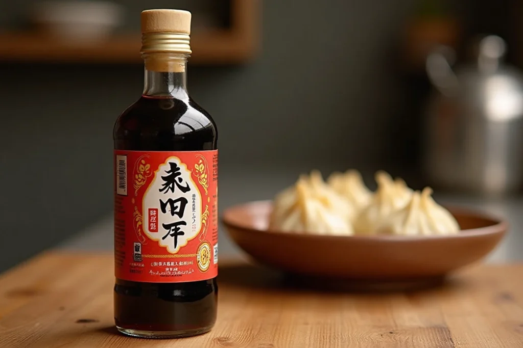 Zhenjiang vinegar bottle with dumplings in the background.