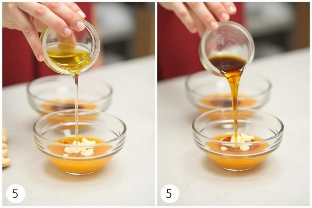 Preparing Din Tai Fung's dipping sauce with vinegar, soy sauce, and chili oil.