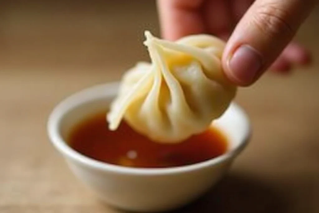 Xiao long bao (soup dumplings) being dipped into vinegar-based dipping sauce.