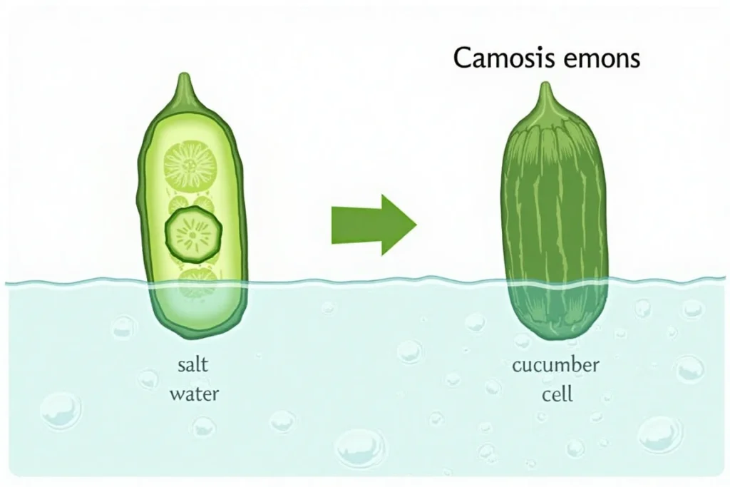 Diagram explaining the osmosis process in cucumbers with saltwater.