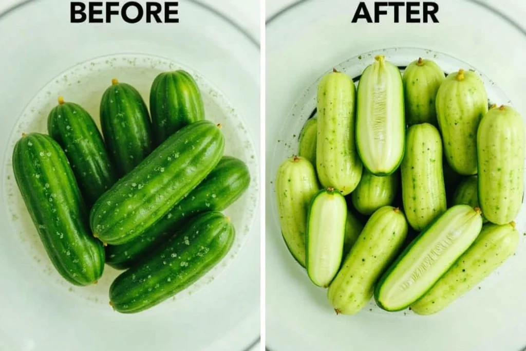 Before and after soaking cucumbers in salt water showing texture differences.