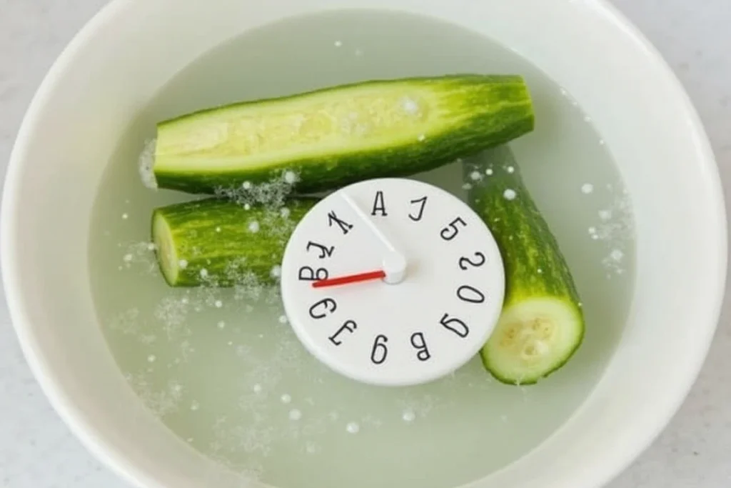 Cucumbers soaking in saltwater with a timer for ideal soaking duration.