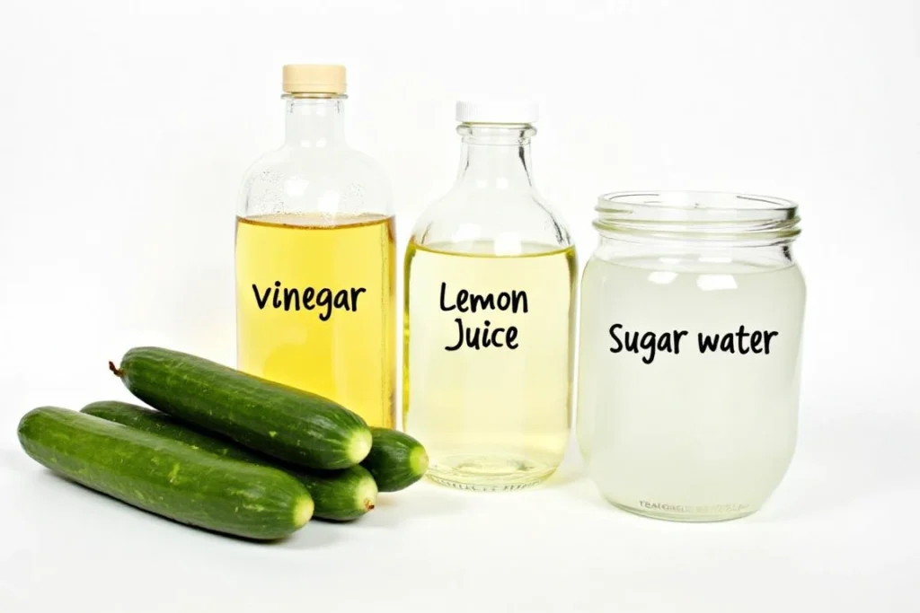 Alternatives to saltwater for soaking cucumbers: vinegar, lemon juice, sugar water.