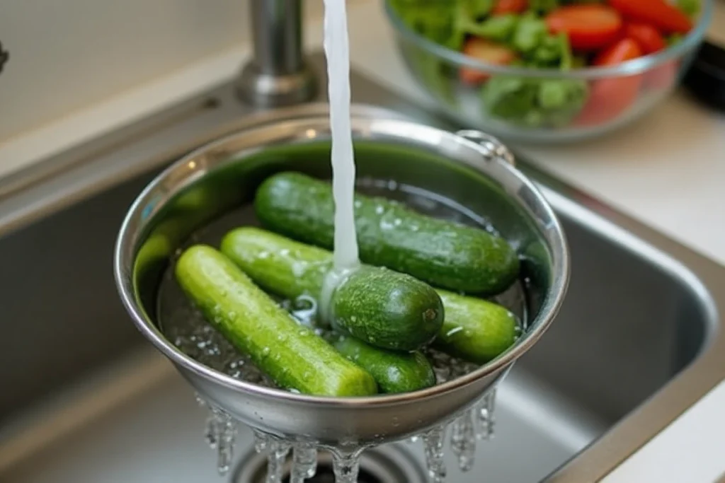 Rinsing cucumbers after soaking in salt water before making salad.