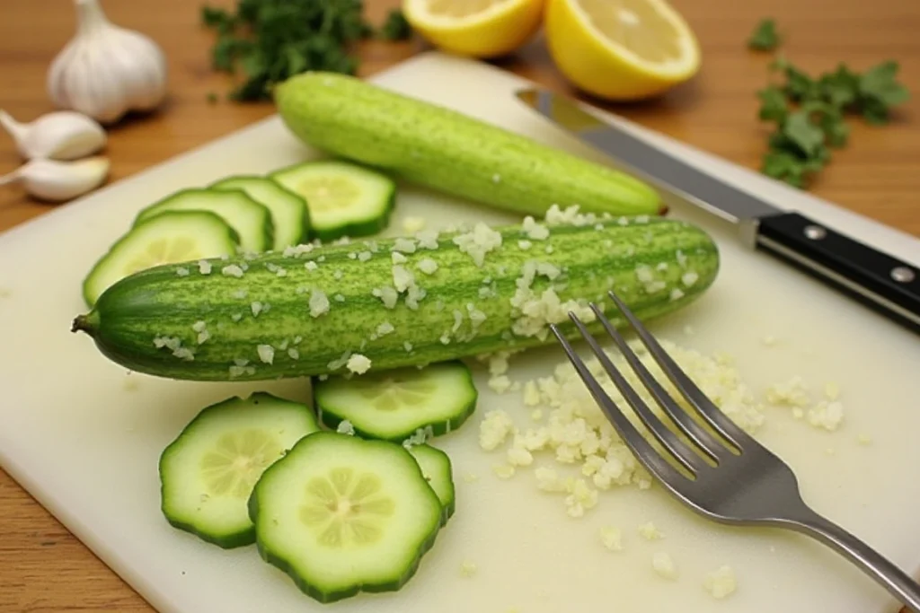 Sliced cucumber ready to be mashed, with herbs and lemon slices.