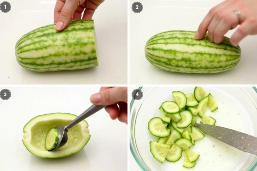 Peeling and seeding cucumber for mashing.