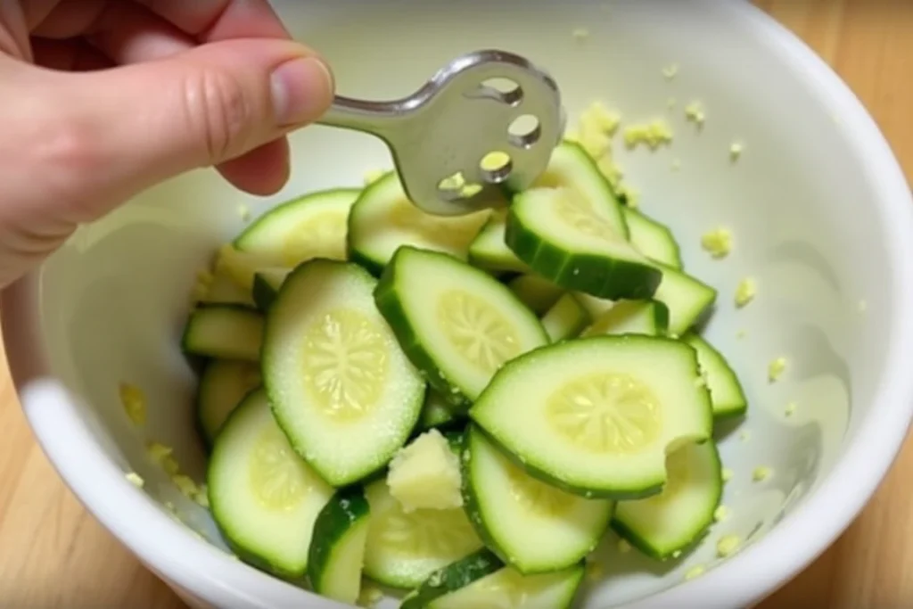 Mashing cucumber with a potato masher in a bowl.