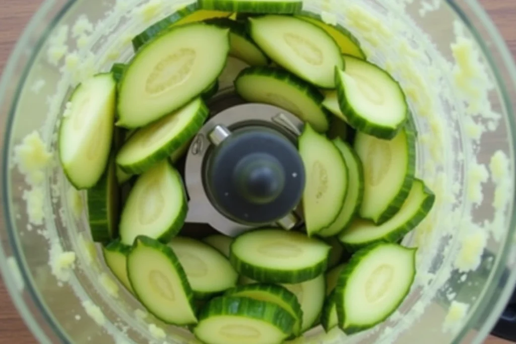 Food processor mashing cucumbers to a smooth consistency.