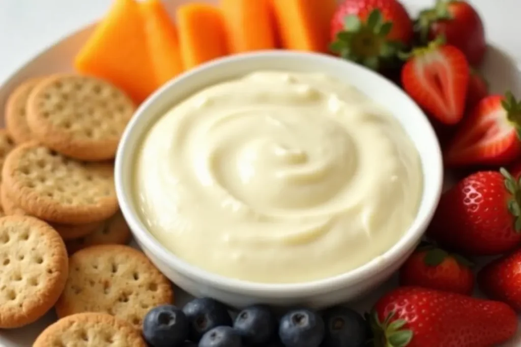 White chocolate cream cheese dip served with fresh fruit and cookies.