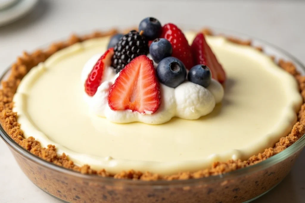 No-bake white chocolate cream cheese pie with graham cracker crust.