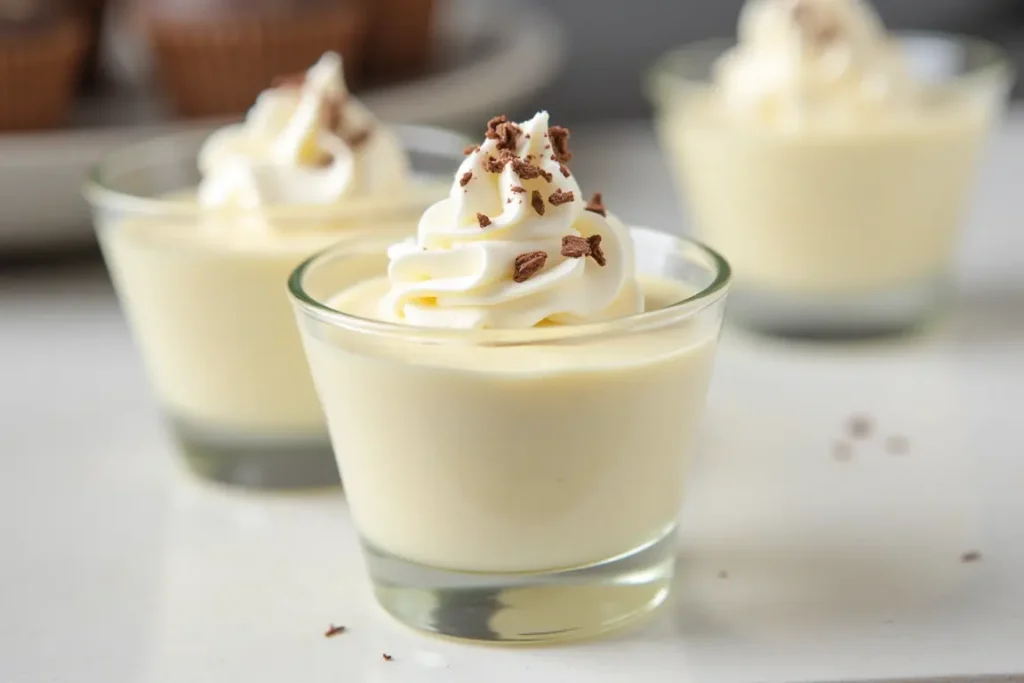 Individual servings of white chocolate cream cheese mousse with whipped cream.