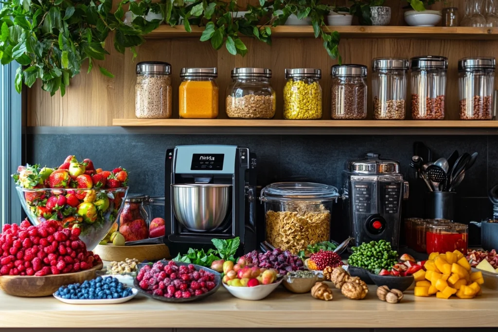 A Ninja Creami machine on a counter with ingredients