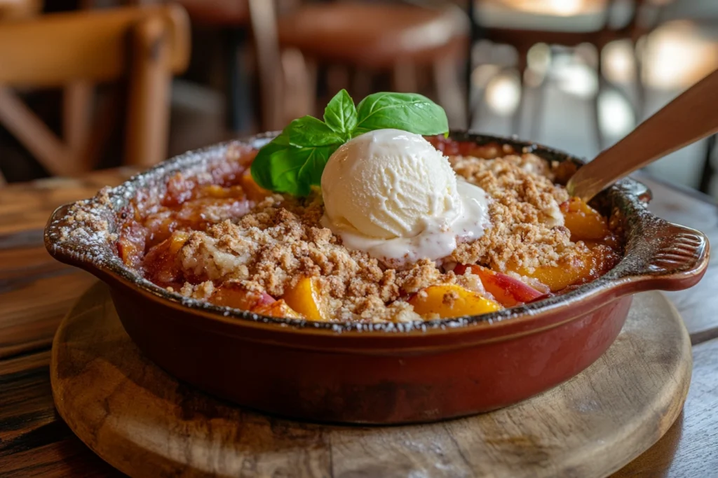 Freshly baked peach crumble served in a dish with vanilla ice cream and golden-brown crust.