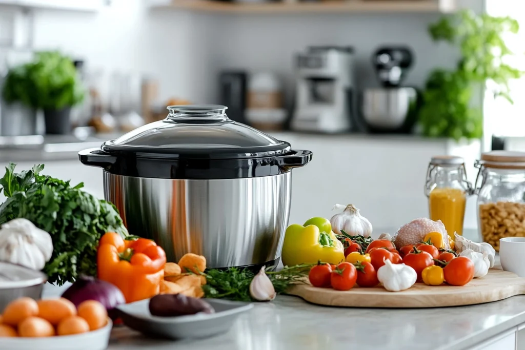 A crock pot with fresh ingredients on a kitchen counter