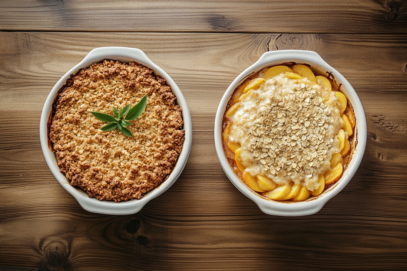 Side-by-side comparison of peach crumble and peach crisp in separate dishes showing their distinct toppings.