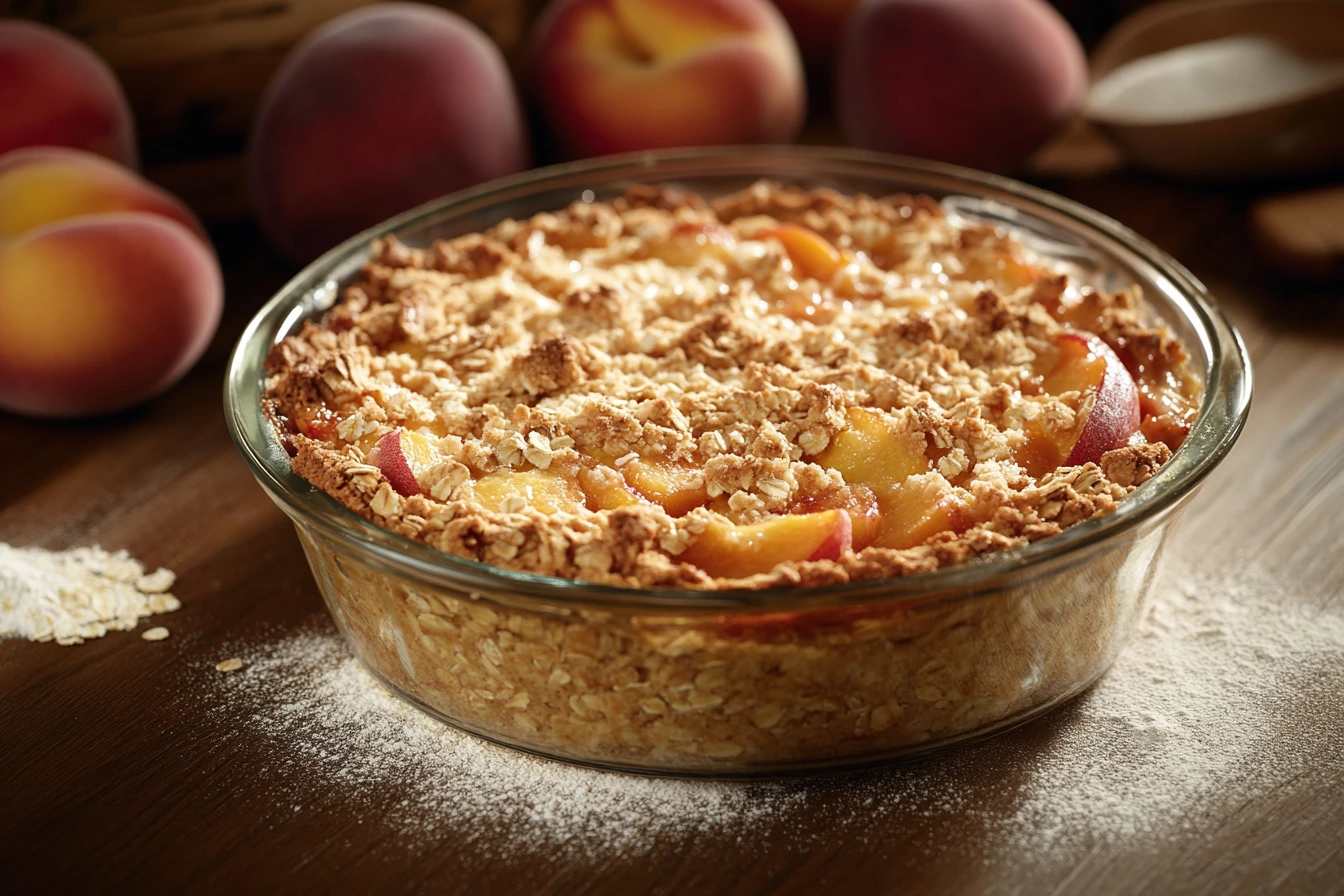 A freshly baked peach crisp with a golden oat topping, surrounded by fresh peaches and baking ingredients.