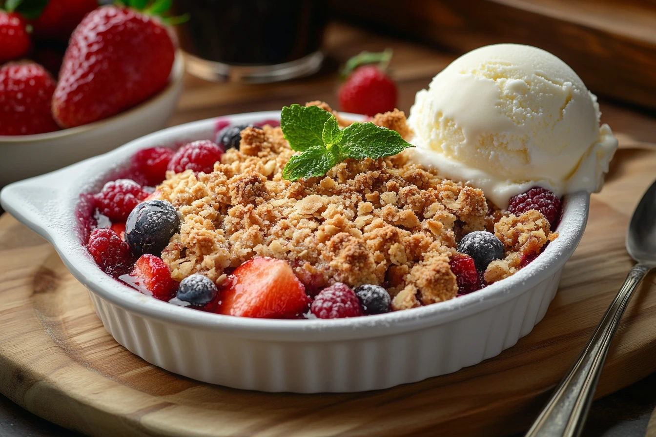 A golden-brown crumble dessert in a baking dish, served with vanilla ice cream, surrounded by fresh fruits.