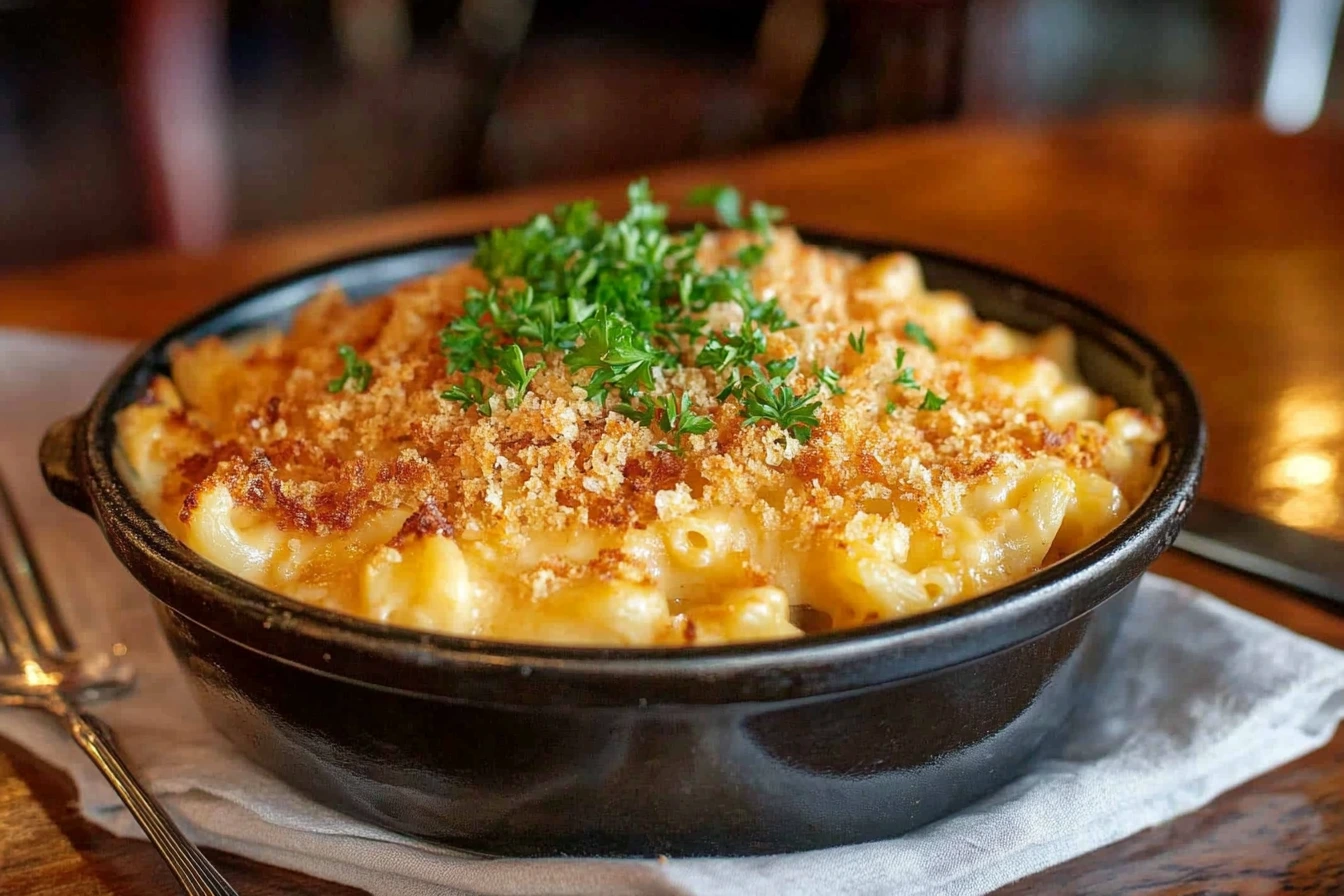 A bowl of creamy mac and cheese with golden breadcrumb topping, garnished with parsley.