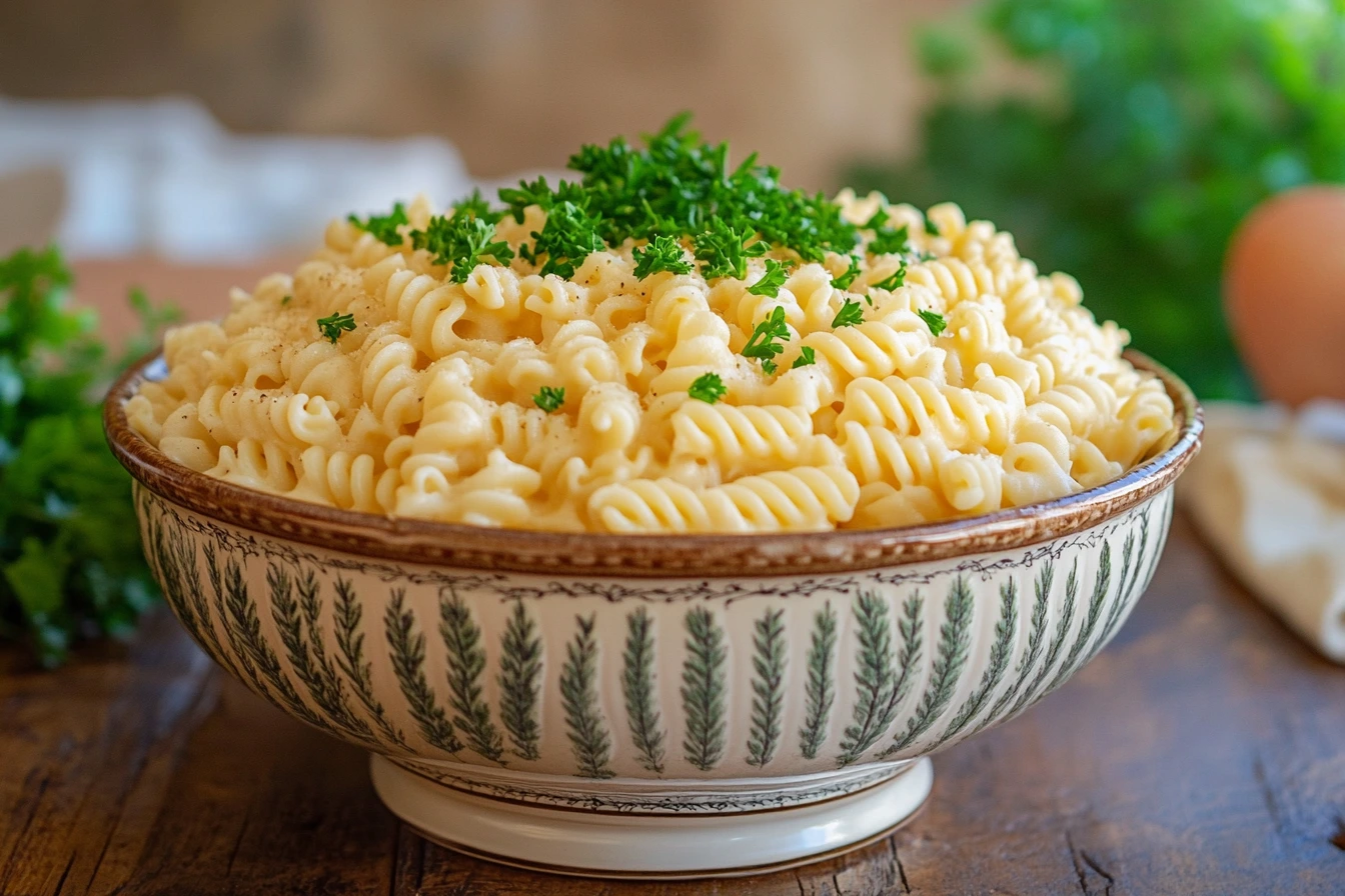 A bowl of creamy mac and cheese with cavatappi pasta garnished with parsley.