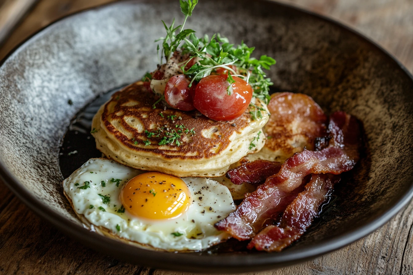 Plated breakfast with pancakes, eggs, and bacon on a rustic table.