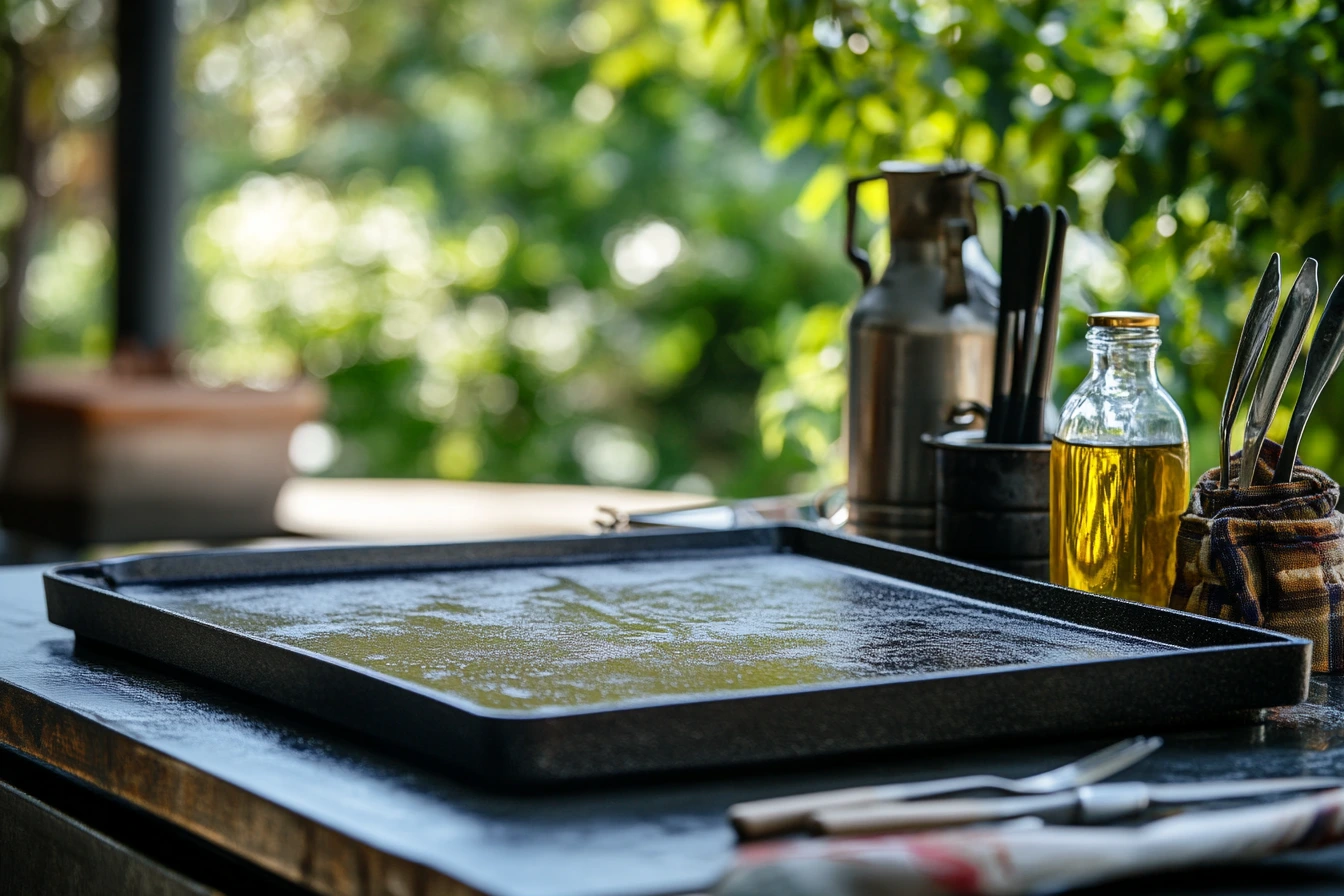 Pristine Blackstone griddle with utensils and oil on a patio.