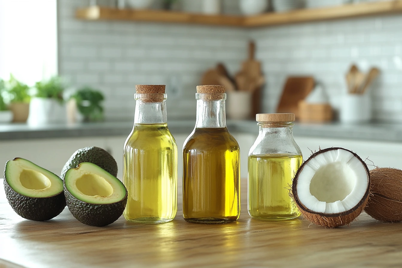 A variety of cooking oils in glass bottles on a wooden countertop.