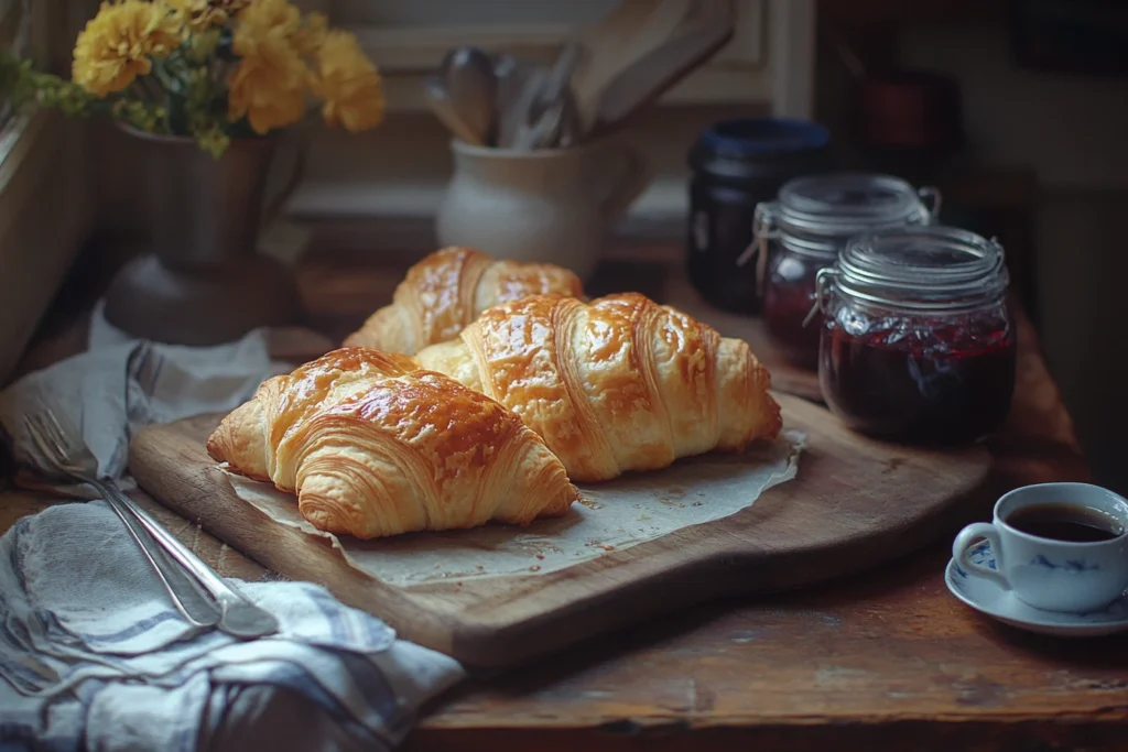 Golden, flaky Gipfeli with a rustic breakfast setup.