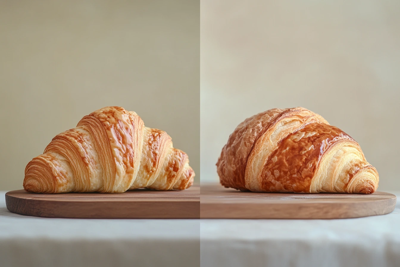 Side-by-side comparison of a croissant and a Gipfeli on a serving tray.