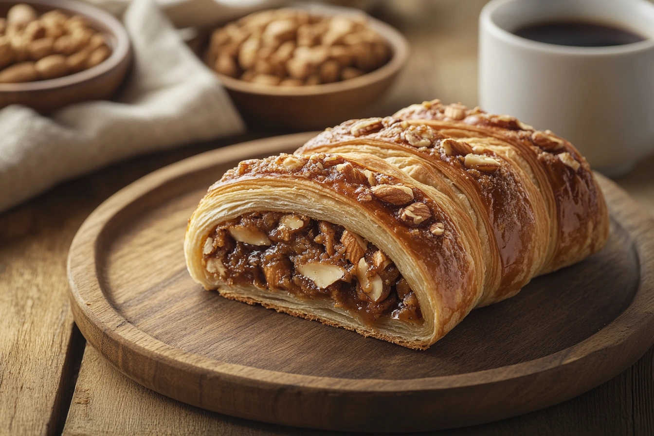 Freshly baked Nussgipfel with a golden crust and nut filling on a wooden plate.