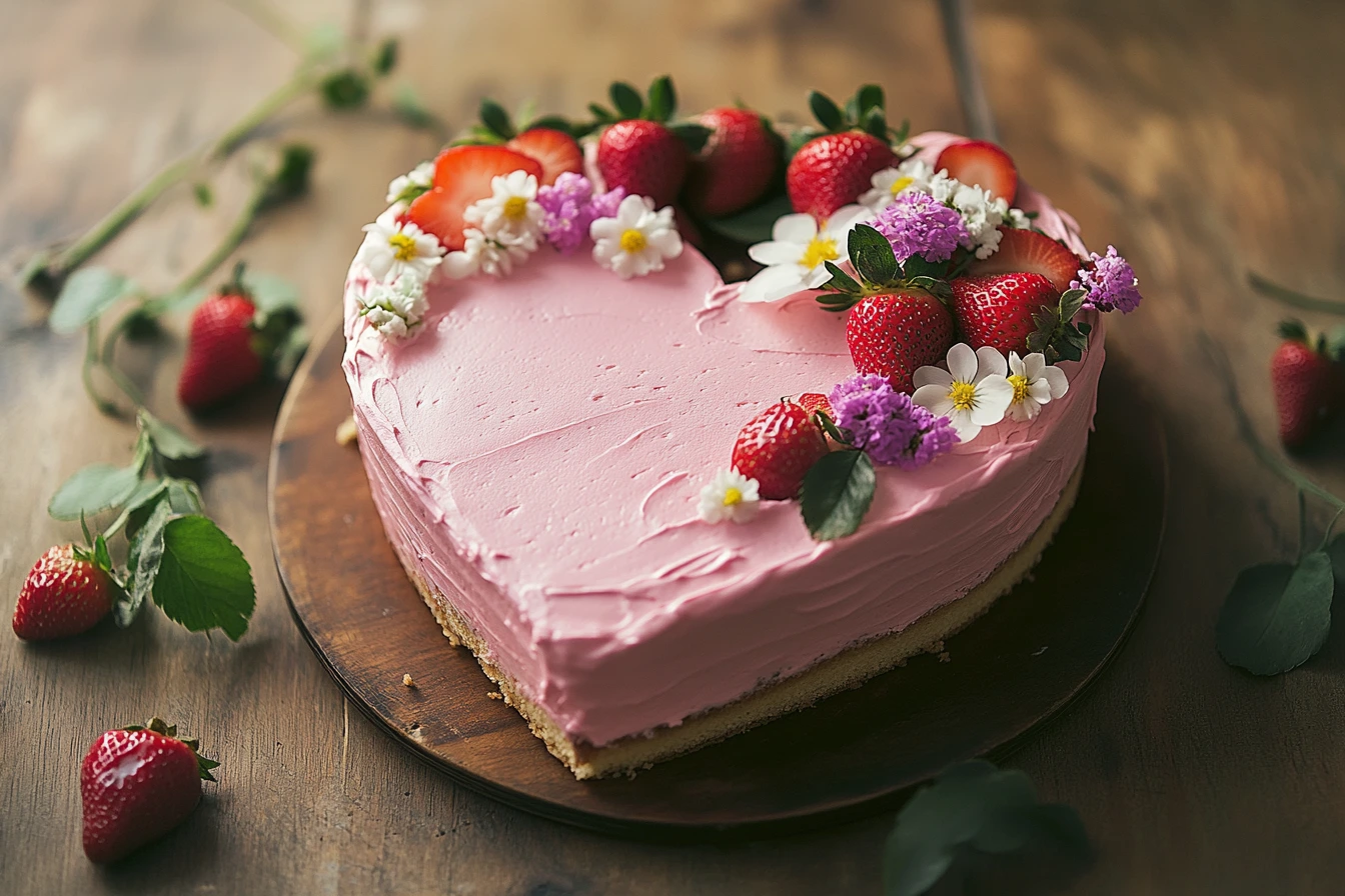 Beautiful heart-shaped cake with red roses.