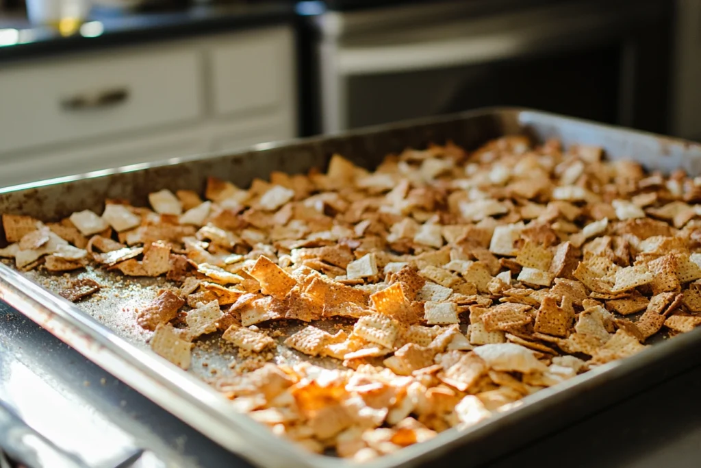 A mix of soggy and crisp Chex Mix on a tray