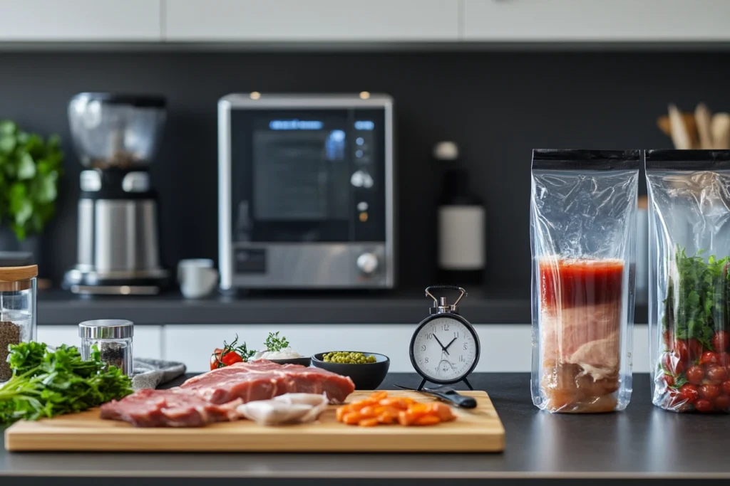 Sous vide setup with a focus on time and cooking equipment.